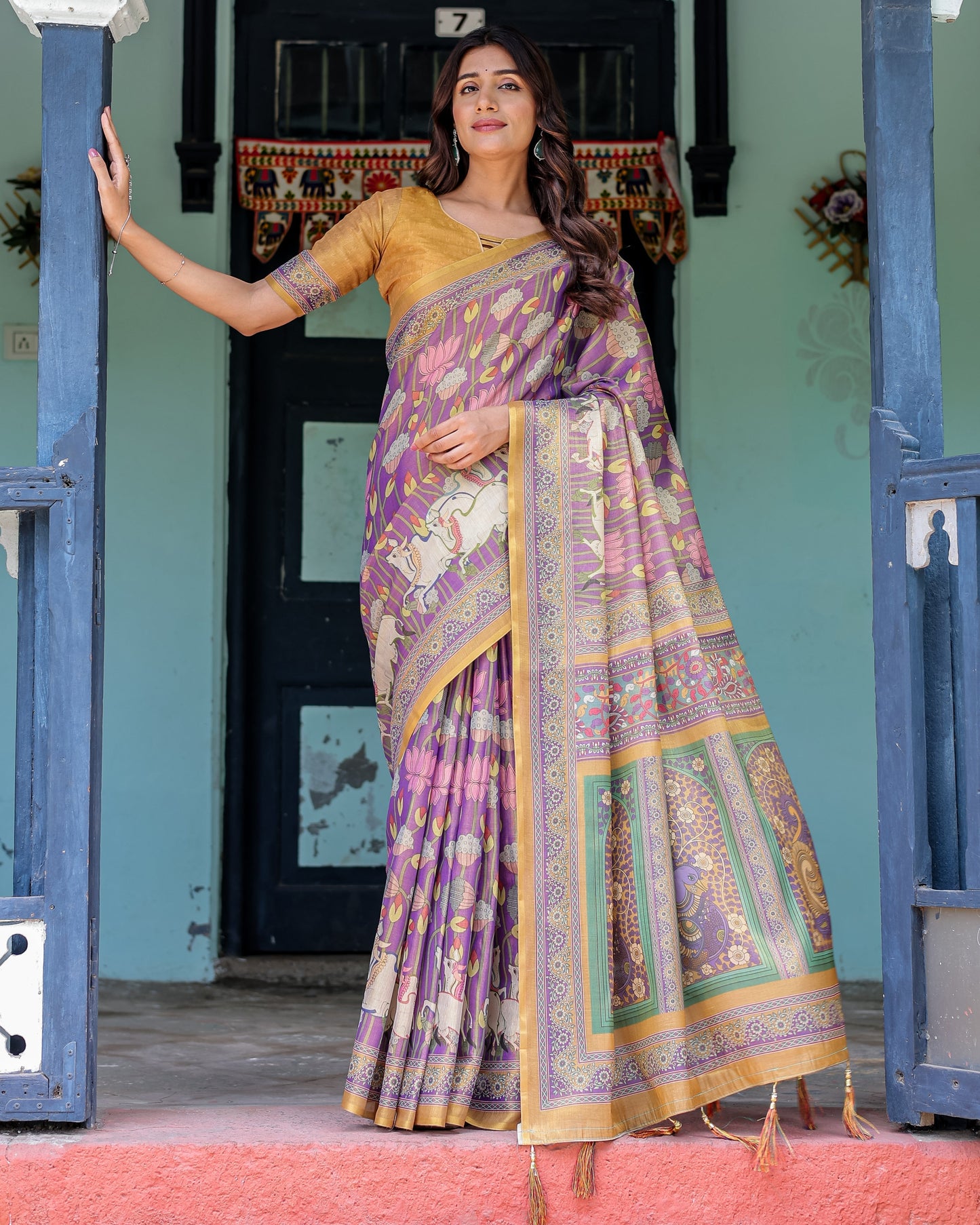 Royal Violet Handloom Cotton Saree with Cow Motifs & Temple Pallu Art