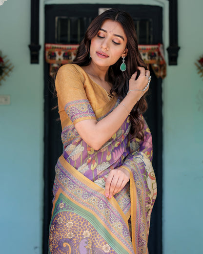 Royal Violet Handloom Cotton Saree with Cow Motifs & Temple Pallu Art