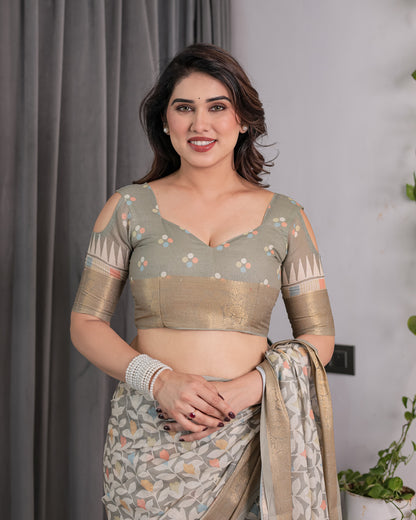 Ivory Beige Handloom Linen Saree with Multicolor Leaf Print & Tribal Geometric Pallu | Zari Border | 5.5m Saree + 0.8m Blouse with Tassels