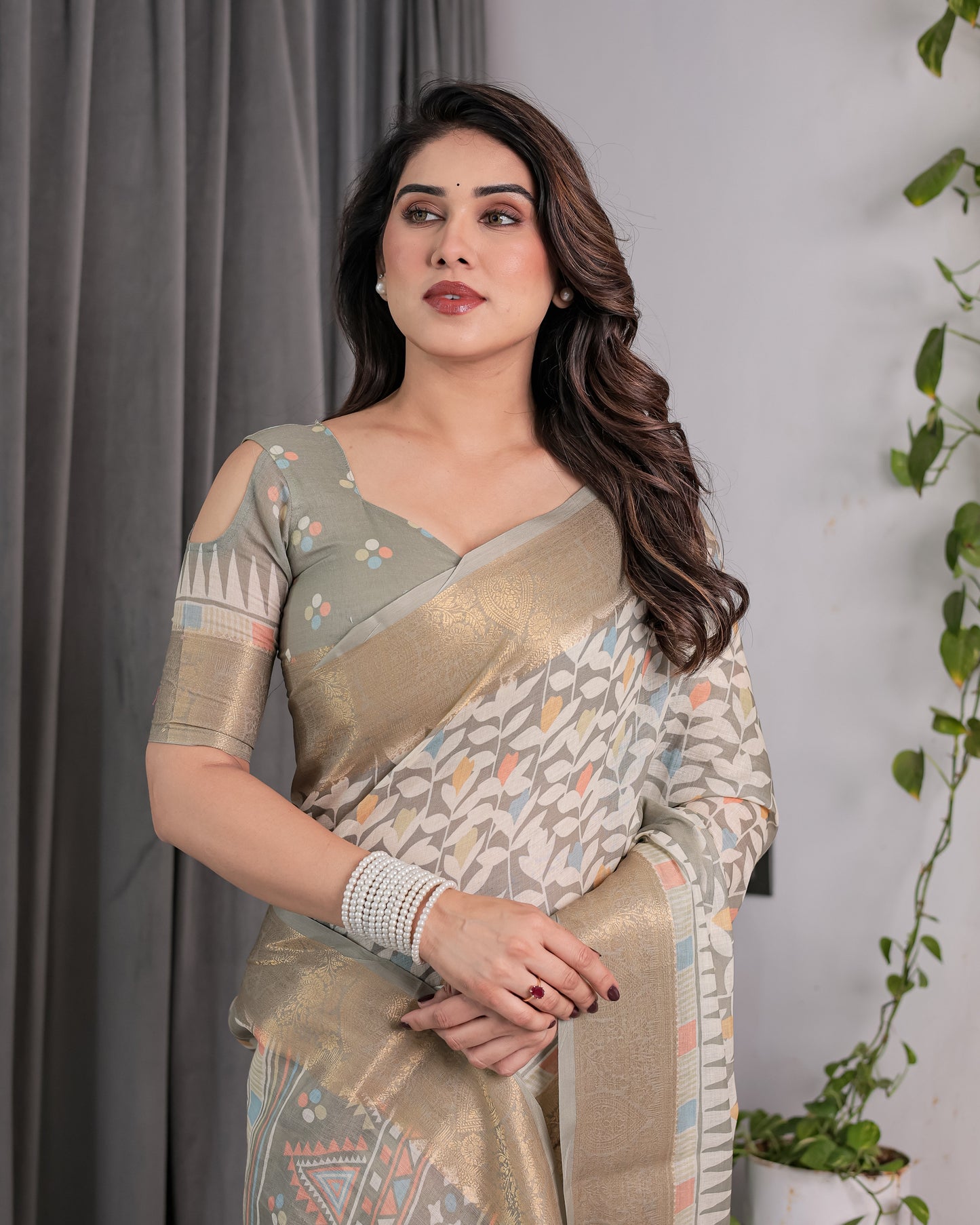 Ivory Beige Handloom Linen Saree with Multicolor Leaf Print & Tribal Geometric Pallu | Zari Border | 5.5m Saree + 0.8m Blouse with Tassels