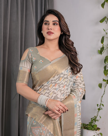 Ivory Beige Handloom Linen Saree with Multicolor Leaf Print & Tribal Geometric Pallu | Zari Border | 5.5m Saree + 0.8m Blouse with Tassels