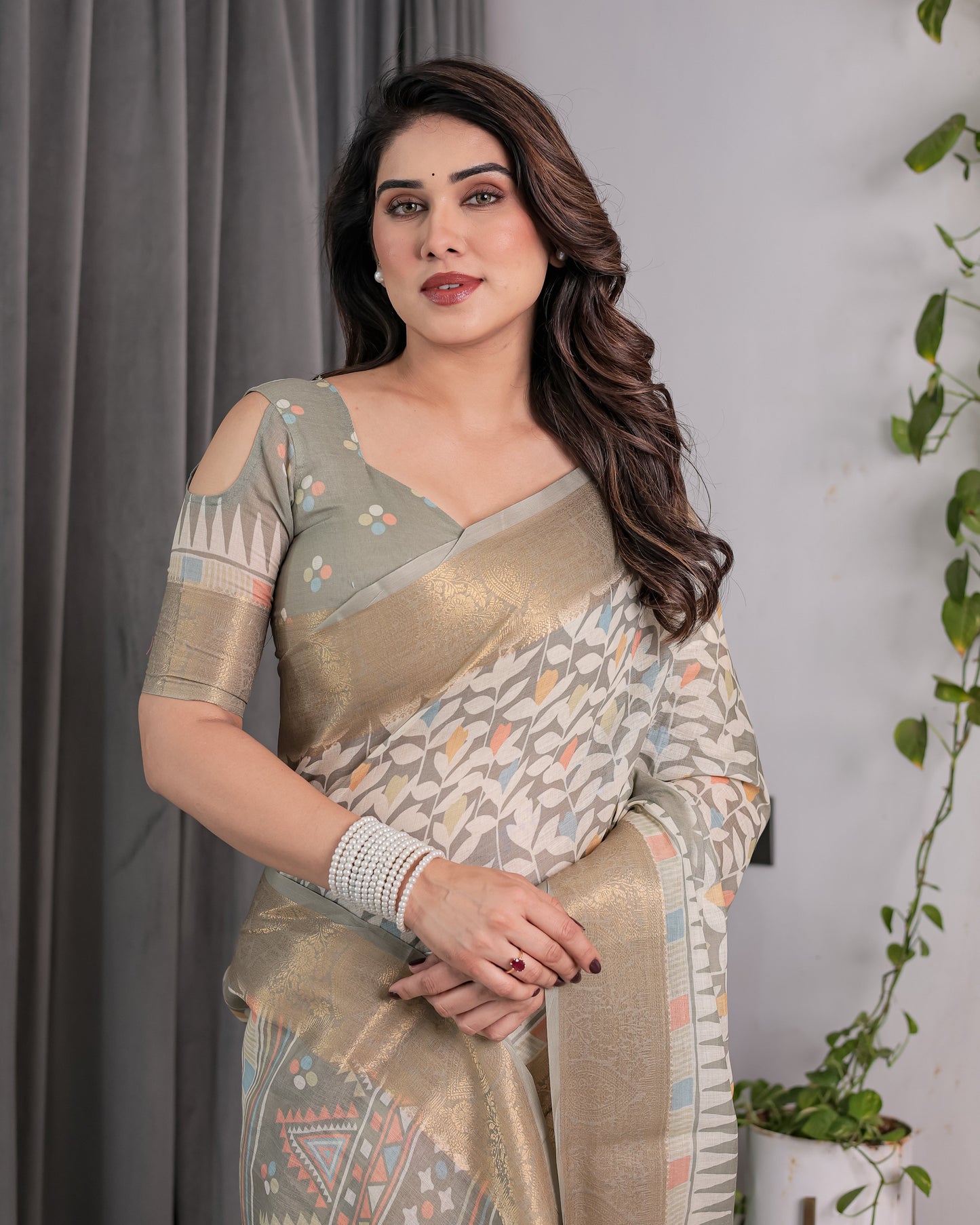 Ivory Beige Handloom Linen Saree with Multicolor Leaf Print & Tribal Geometric Pallu | Zari Border | 5.5m Saree + 0.8m Blouse with Tassels