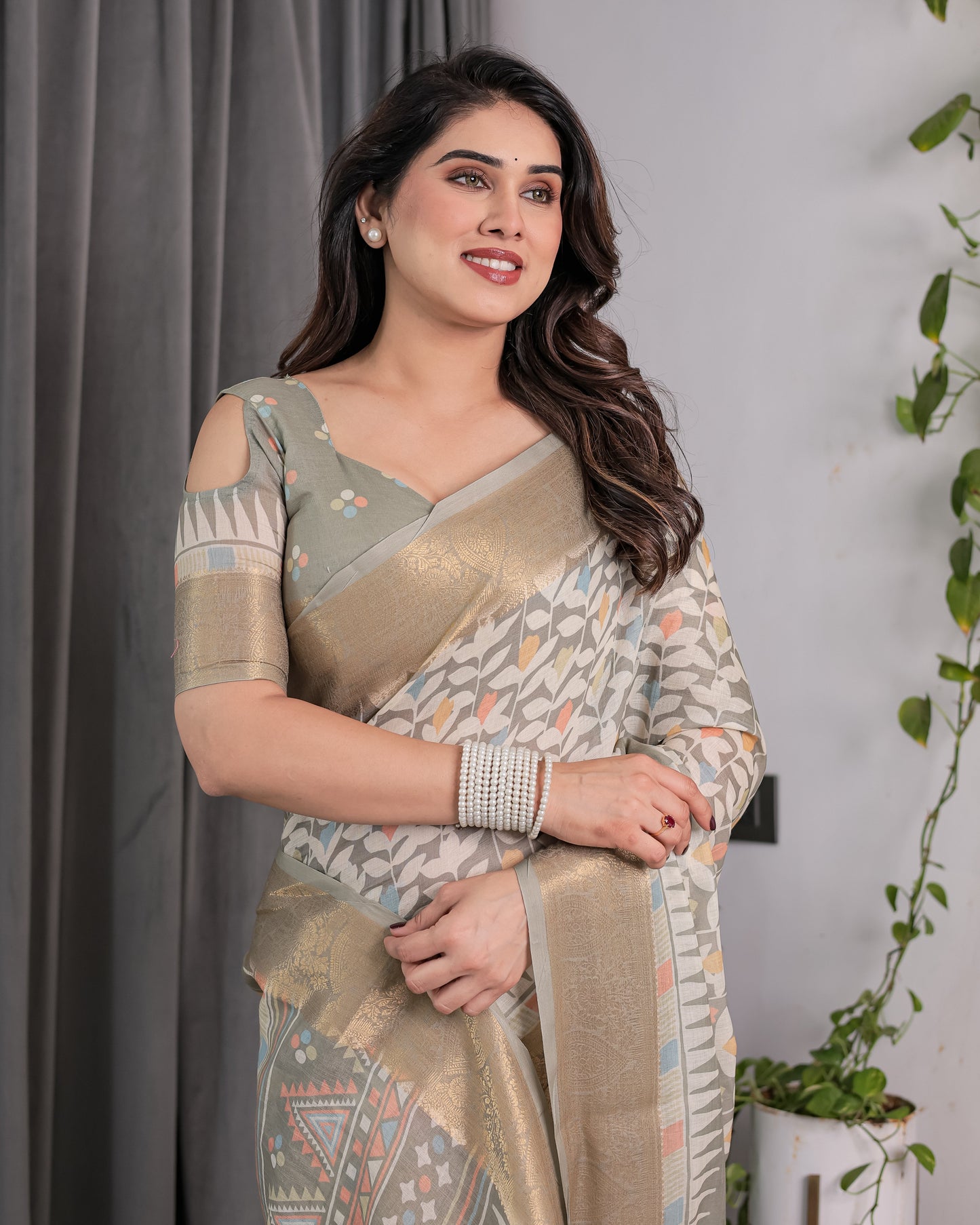 Ivory Beige Handloom Linen Saree with Multicolor Leaf Print & Tribal Geometric Pallu | Zari Border | 5.5m Saree + 0.8m Blouse with Tassels
