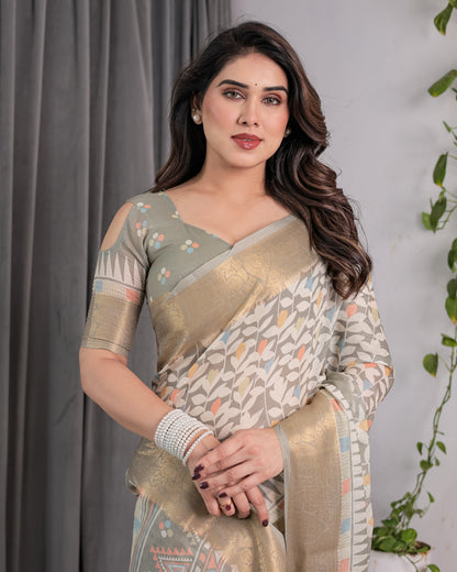Ivory Beige Handloom Linen Saree with Multicolor Leaf Print & Tribal Geometric Pallu | Zari Border | 5.5m Saree + 0.8m Blouse with Tassels
