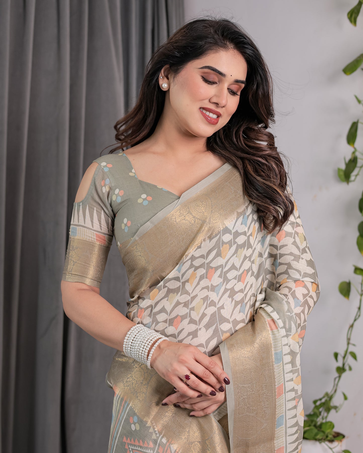 Ivory Beige Handloom Linen Saree with Multicolor Leaf Print & Tribal Geometric Pallu | Zari Border | 5.5m Saree + 0.8m Blouse with Tassels