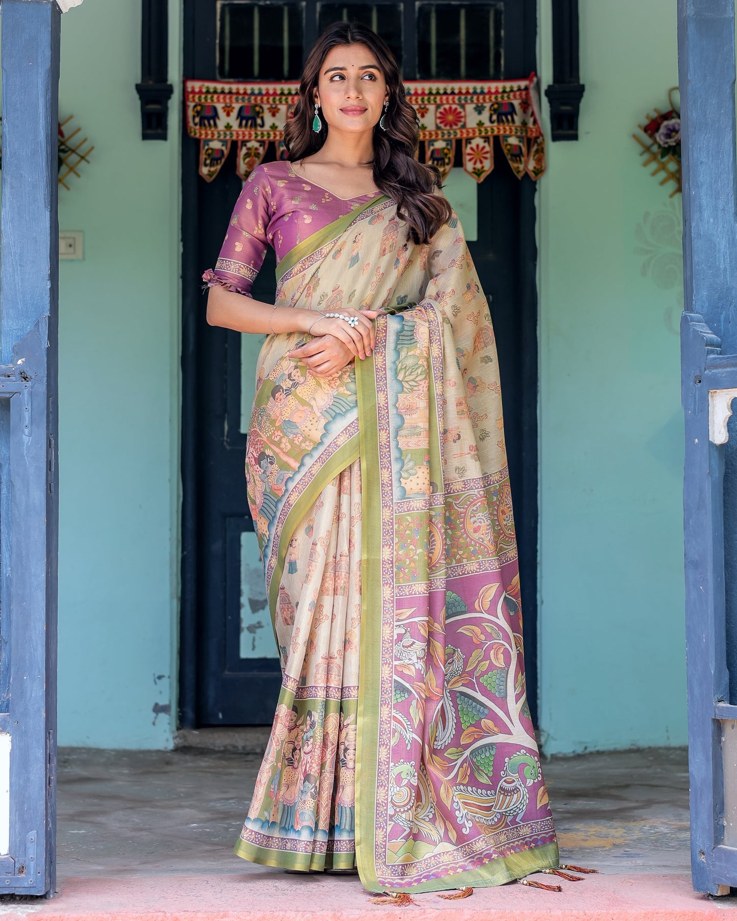 Ivory & Violet Handloom Cotton Saree with Royal Procession & Tree of Life Pallu