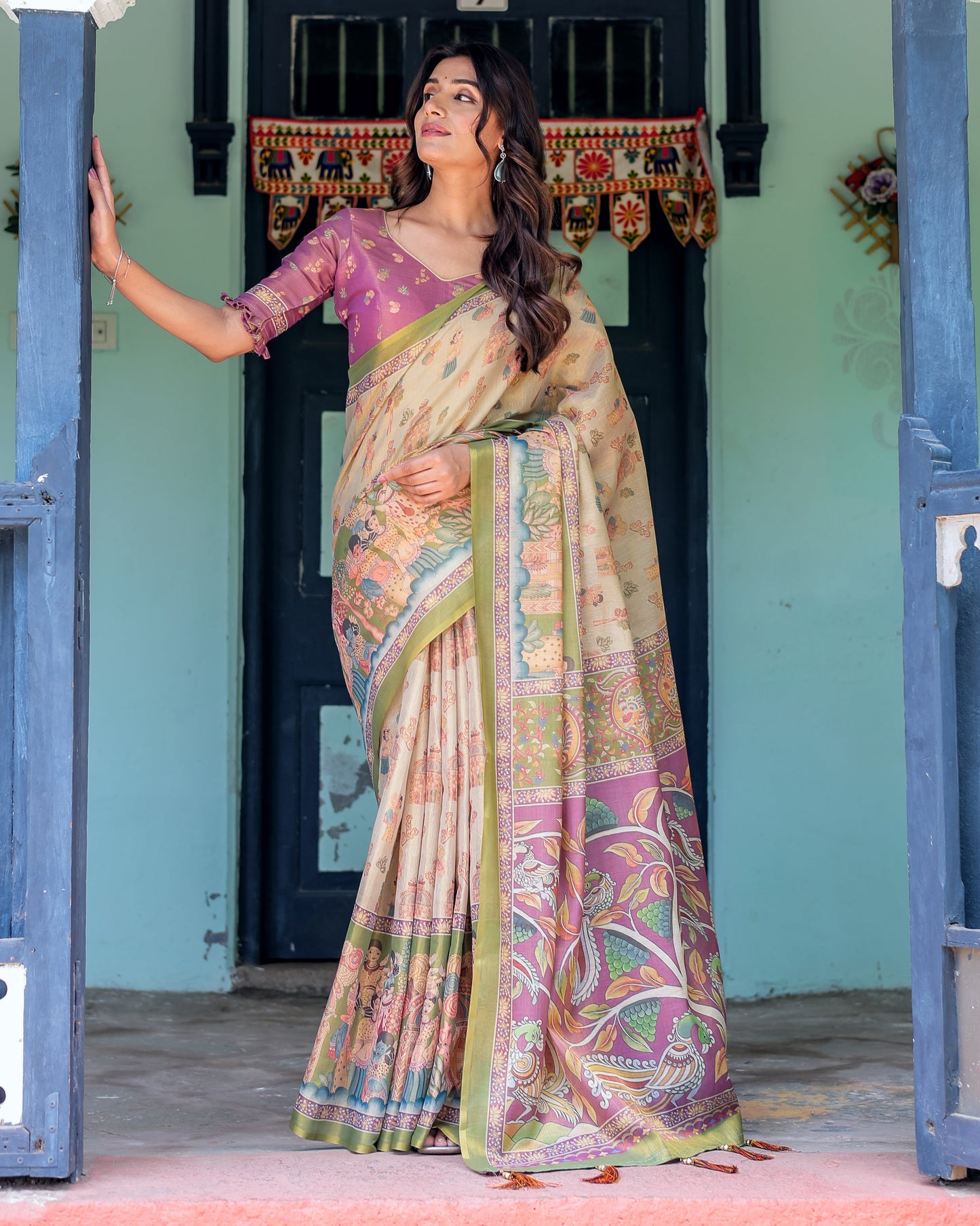 Ivory & Violet Handloom Cotton Saree with Royal Procession & Tree of Life Pallu