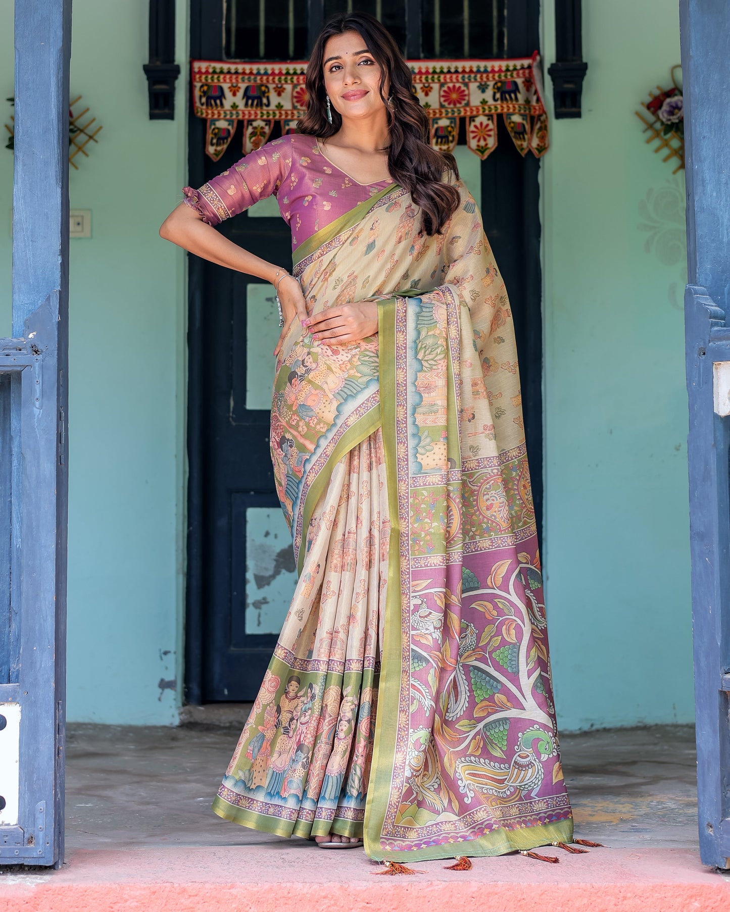 Ivory & Violet Handloom Cotton Saree with Royal Procession & Tree of Life Pallu