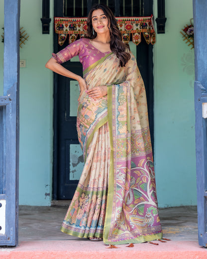Ivory & Violet Handloom Cotton Saree with Royal Procession & Tree of Life Pallu