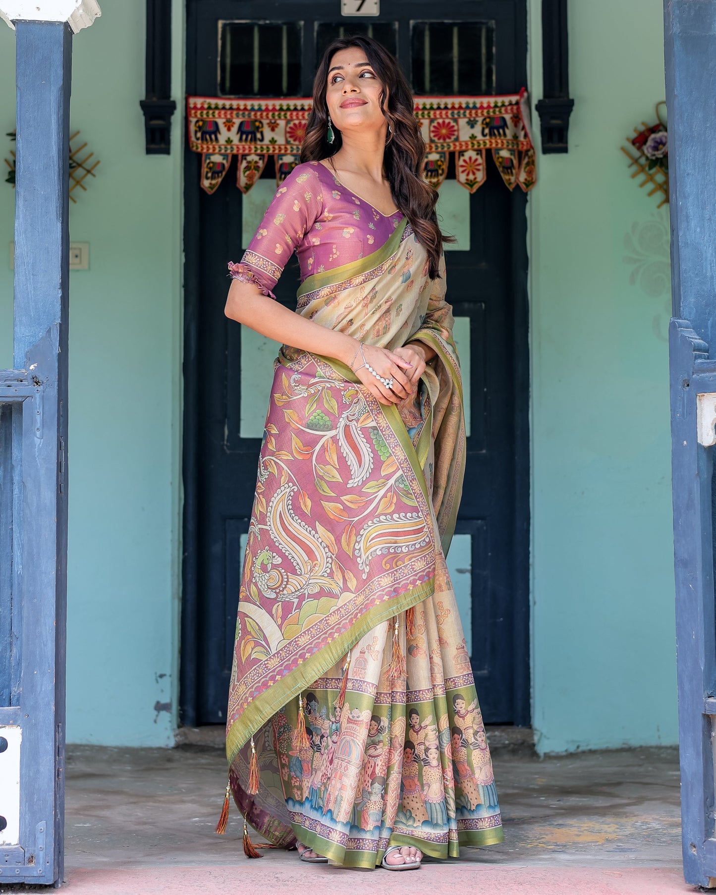 Ivory & Violet Handloom Cotton Saree with Royal Procession & Tree of Life Pallu