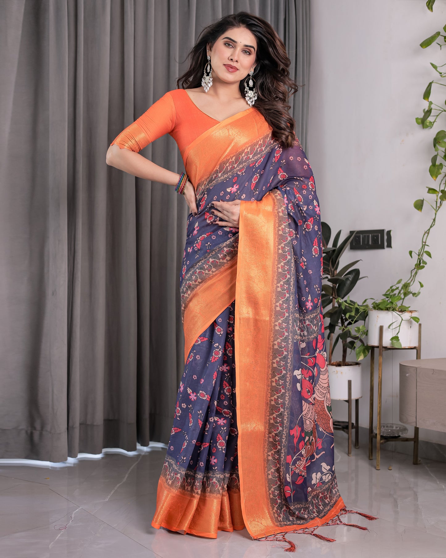 Vibrant Orange & Navy Blue Handloom Saree with Kalamkari Peacock Art Pallu & Zari Border | 5.5m Saree + 0.8m Blouse Piece