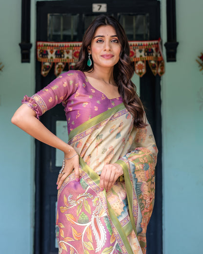 Ivory & Violet Handloom Cotton Saree with Royal Procession & Tree of Life Pallu