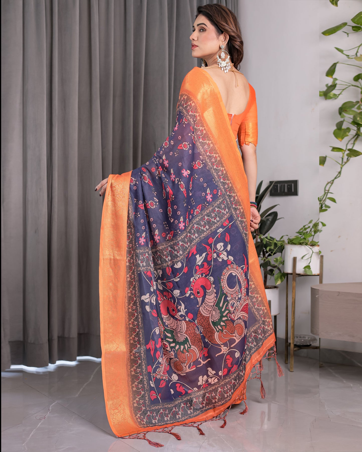 Vibrant Orange & Navy Blue Handloom Saree with Kalamkari Peacock Art Pallu & Zari Border | 5.5m Saree + 0.8m Blouse Piece