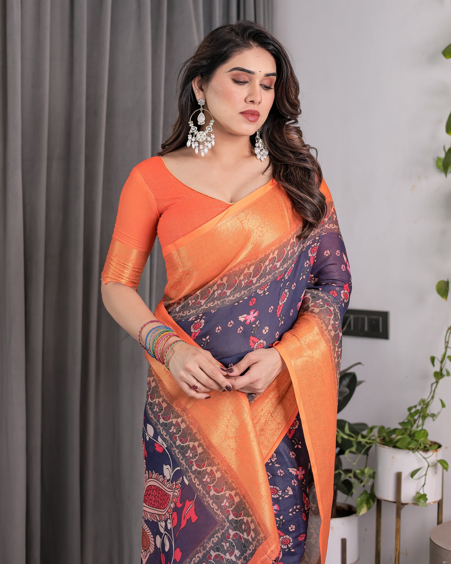 Vibrant Orange & Navy Blue Handloom Saree with Kalamkari Peacock Art Pallu & Zari Border | 5.5m Saree + 0.8m Blouse Piece