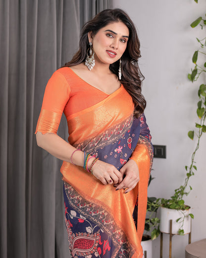 Vibrant Orange & Navy Blue Handloom Saree with Kalamkari Peacock Art Pallu & Zari Border | 5.5m Saree + 0.8m Blouse Piece