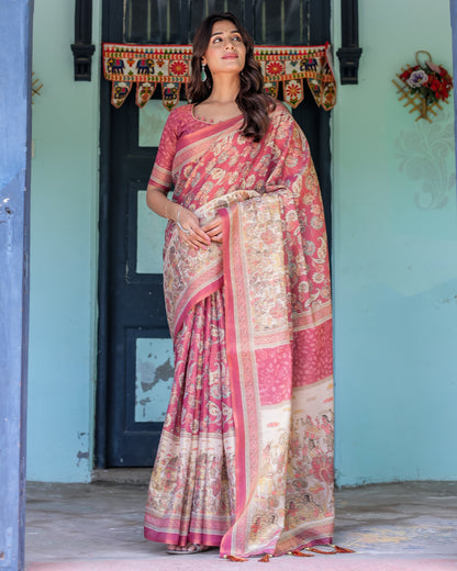 Maroon Rose Pink Handloom Cotton Saree with Traditional Procession Print & Floral Vine Motifs
