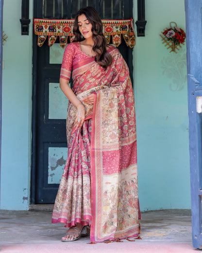 Maroon Rose Pink Handloom Cotton Saree with Traditional Procession Print & Floral Vine Motifs