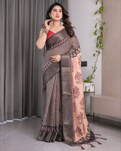 Elegant Beige Handloom Saree with Maroon Leaf Butta & Black Zari Woven Pallu | Festive Drape | 5.5m Saree + 0.8m Blouse