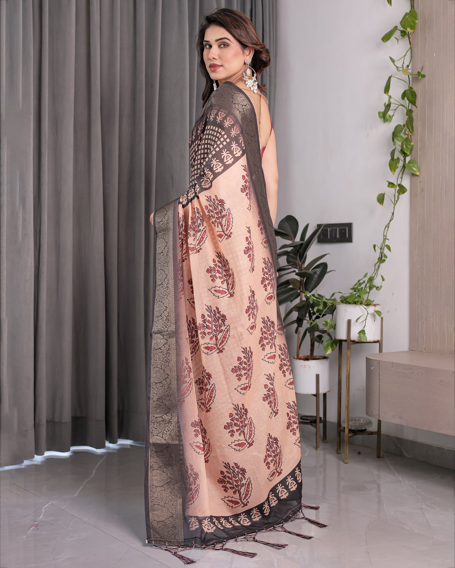 Elegant Beige Handloom Saree with Maroon Leaf Butta & Black Zari Woven Pallu | Festive Drape | 5.5m Saree + 0.8m Blouse