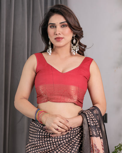 Elegant Beige Handloom Saree with Maroon Leaf Butta & Black Zari Woven Pallu | Festive Drape | 5.5m Saree + 0.8m Blouse