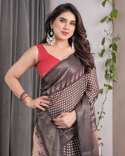 Elegant Beige Handloom Saree with Maroon Leaf Butta & Black Zari Woven Pallu | Festive Drape | 5.5m Saree + 0.8m Blouse