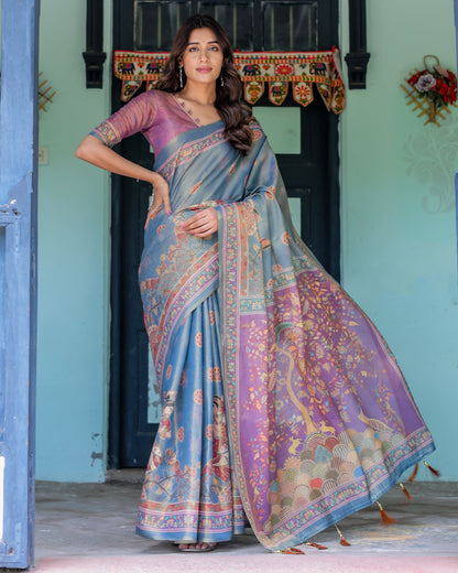 Dusky Blue & Violet Handloom Cotton Saree with Mythical Tree Art & Peacock Detailing