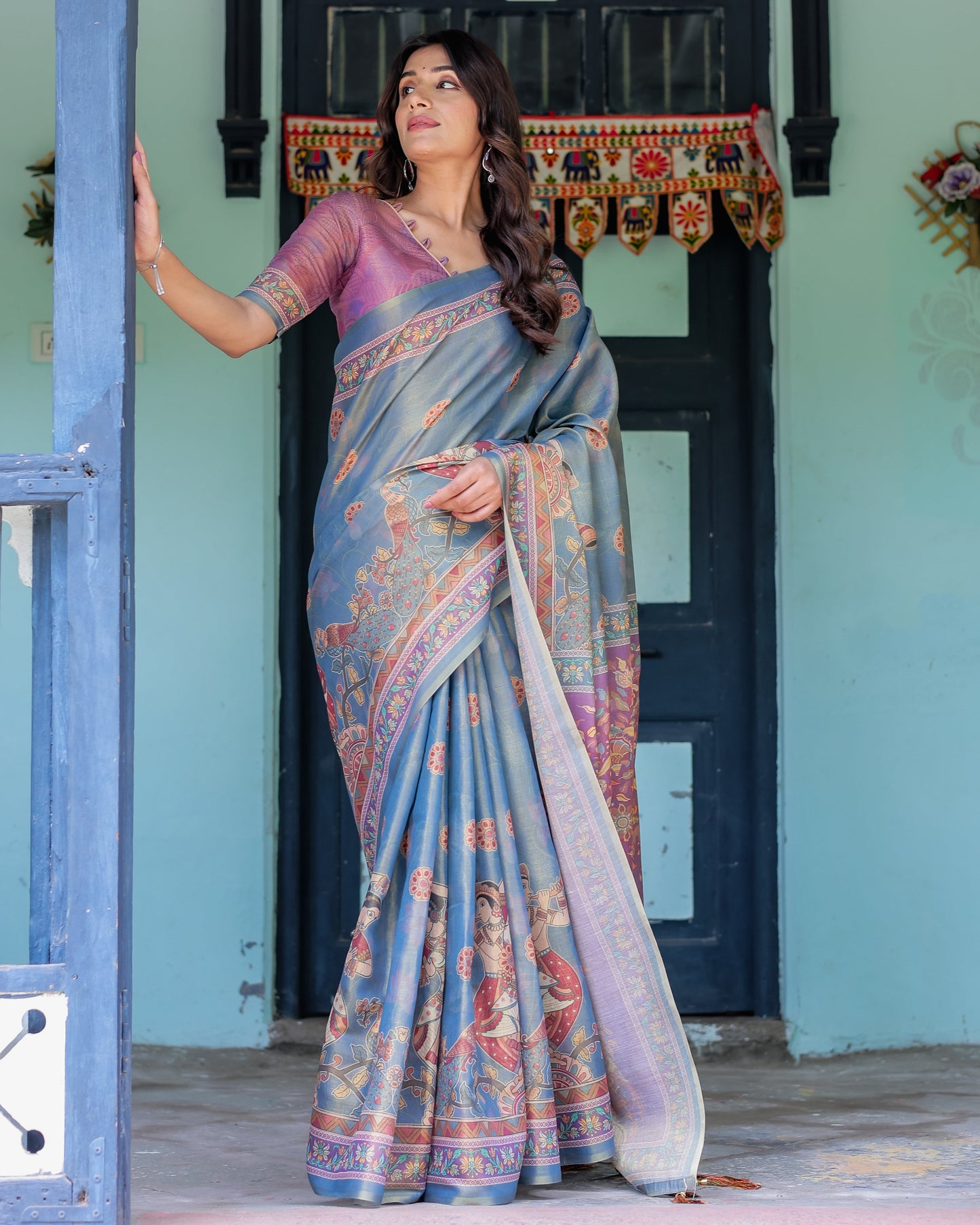 Dusky Blue & Violet Handloom Cotton Saree with Mythical Tree Art & Peacock Detailing