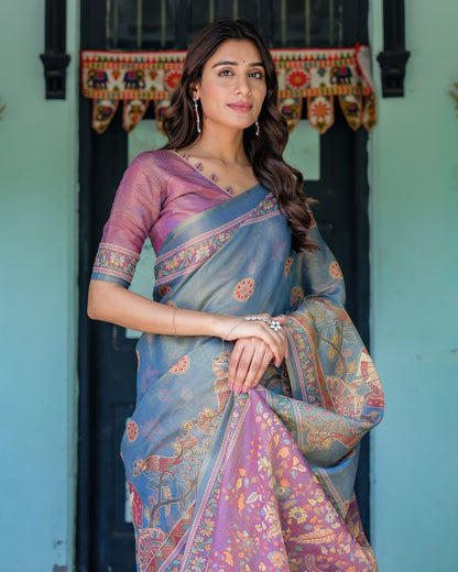 Dusky Blue & Violet Handloom Cotton Saree with Mythical Tree Art & Peacock Detailing