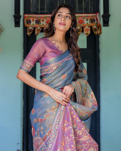 Dusky Blue & Violet Handloom Cotton Saree with Mythical Tree Art & Peacock Detailing