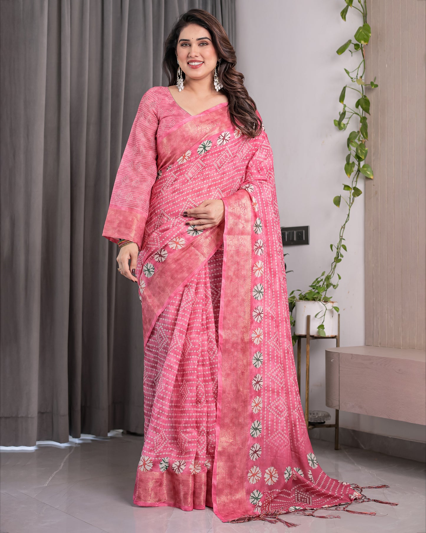 Rose Pink Bandhani-Inspired Handloom Linen Saree with White Floral Dots & Zari Border | 5.5m Saree + 0.8m Attached Blouse with Tassels