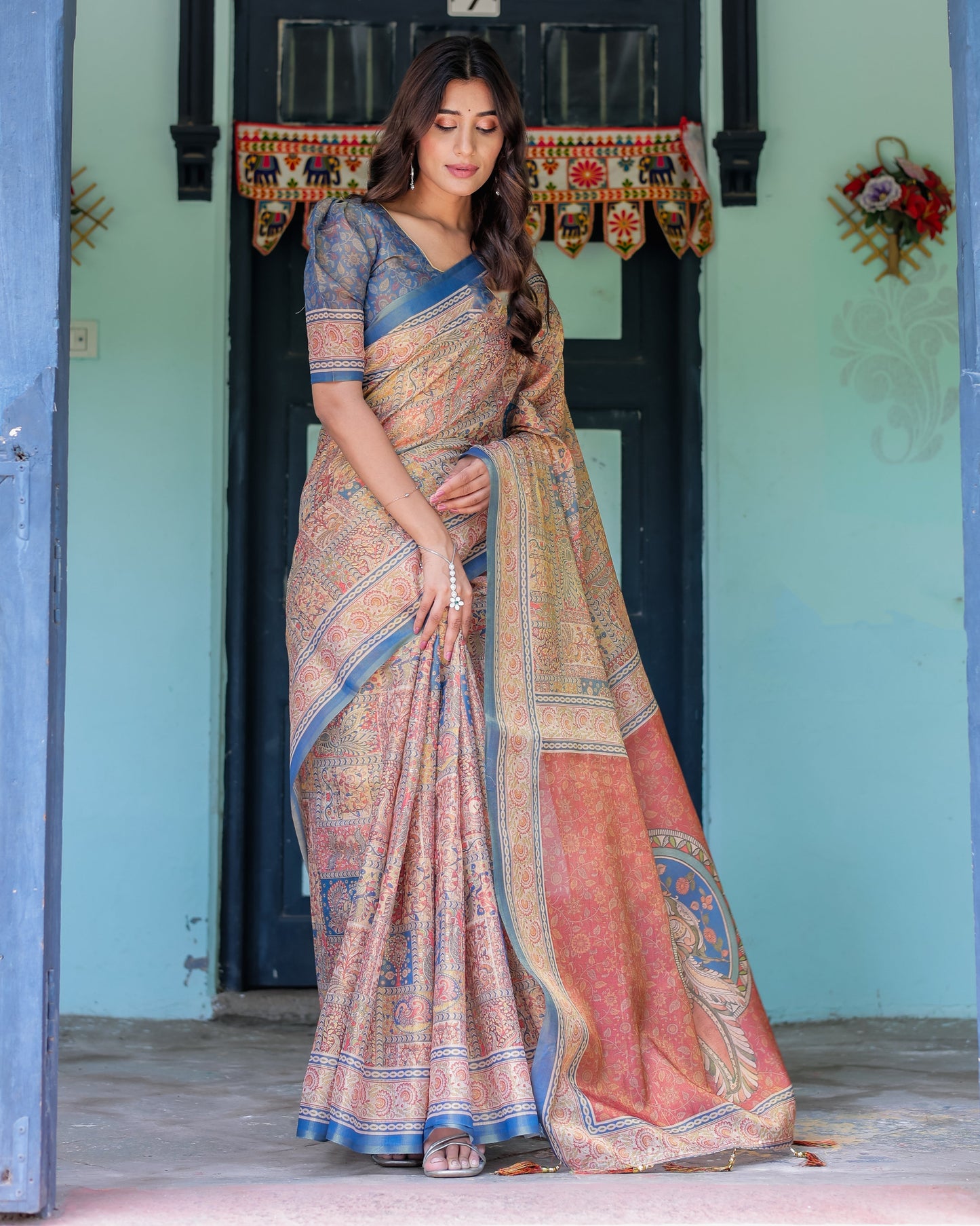 Rust & Blue Handloom Cotton Saree with Classical Dancer Motif and Patchwork Digital Print