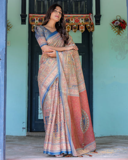 Rust & Blue Handloom Cotton Saree with Classical Dancer Motif and Patchwork Digital Print