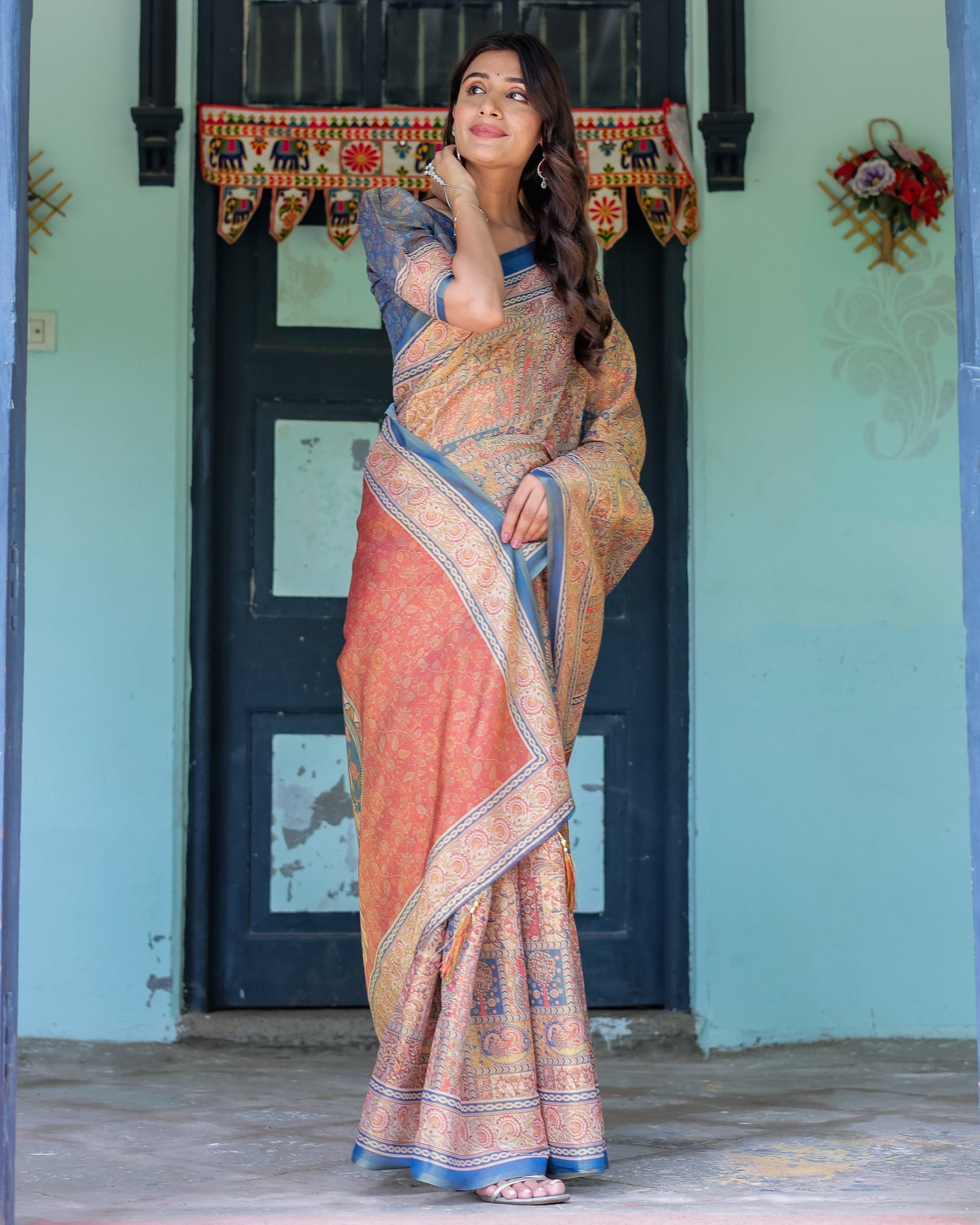Rust & Blue Handloom Cotton Saree with Classical Dancer Motif and Patchwork Digital Print
