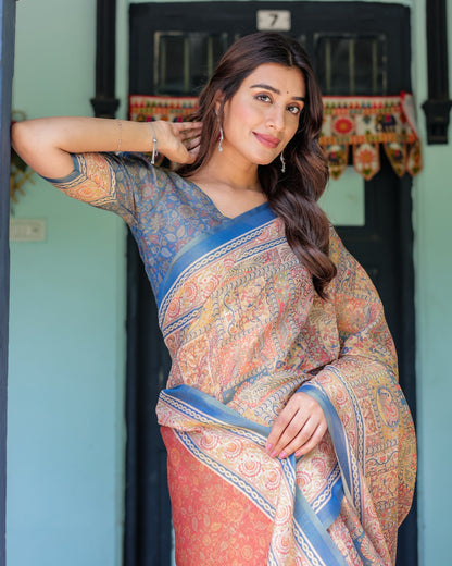 Rust & Blue Handloom Cotton Saree with Classical Dancer Motif and Patchwork Digital Print