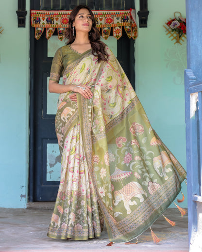 Olive Green & Ivory Handloom Cotton Saree with Lotus Blooms and Royal Elephant Motifs
