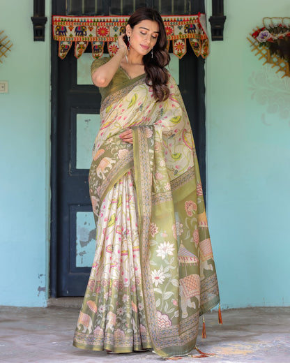 Olive Green & Ivory Handloom Cotton Saree with Lotus Blooms and Royal Elephant Motifs
