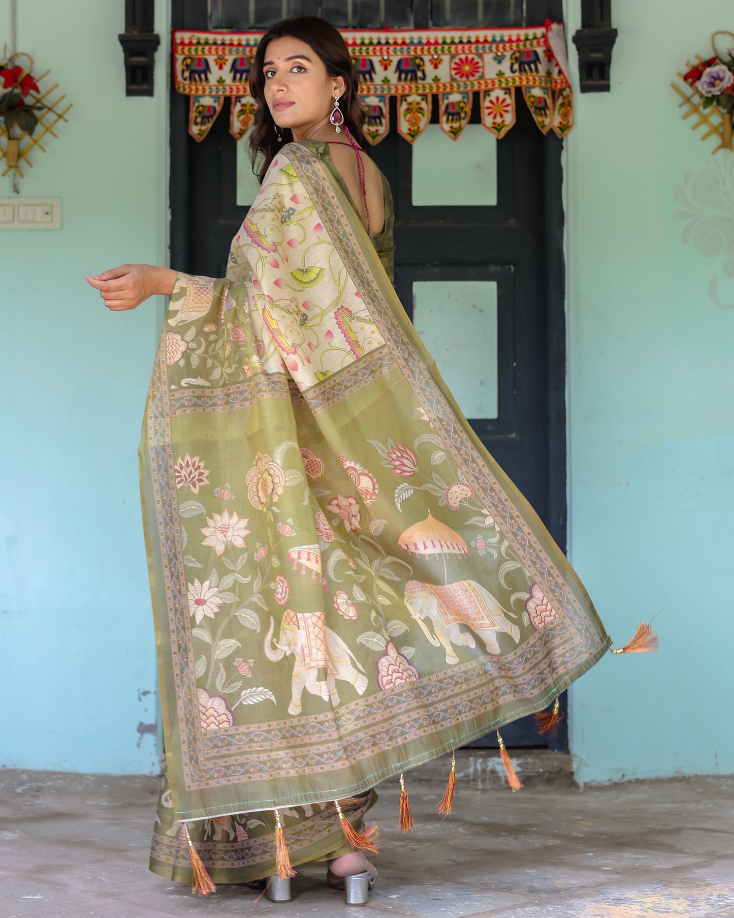 Olive Green & Ivory Handloom Cotton Saree with Lotus Blooms and Royal Elephant Motifs