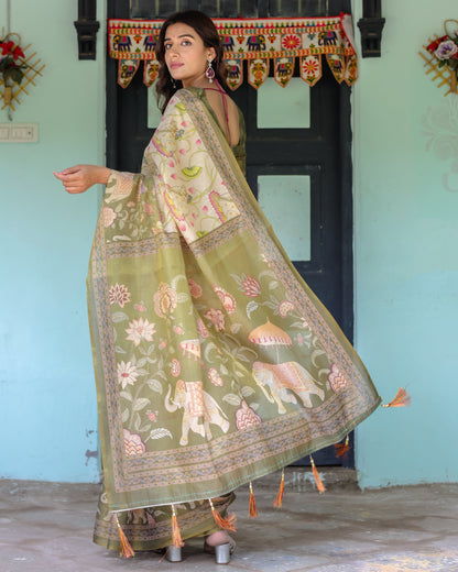 Olive Green & Ivory Handloom Cotton Saree with Lotus Blooms and Royal Elephant Motifs