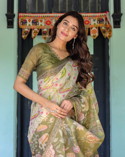 Olive Green & Ivory Handloom Cotton Saree with Lotus Blooms and Royal Elephant Motifs