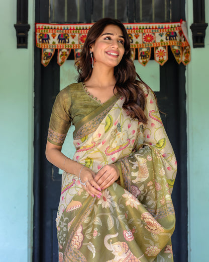 Olive Green & Ivory Handloom Cotton Saree with Lotus Blooms and Royal Elephant Motifs