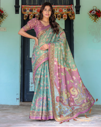 Aqua Green & Lilac Handloom Cotton Saree with Floral Vine Print & Majestic Bird Pallu