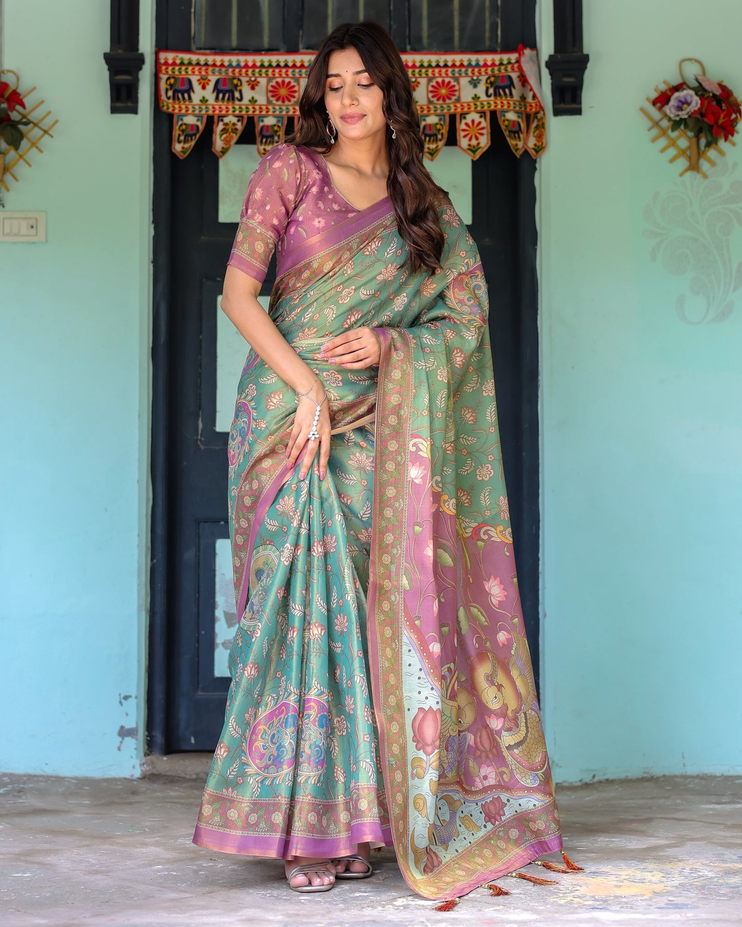 Aqua Green & Lilac Handloom Cotton Saree with Floral Vine Print & Majestic Bird Pallu