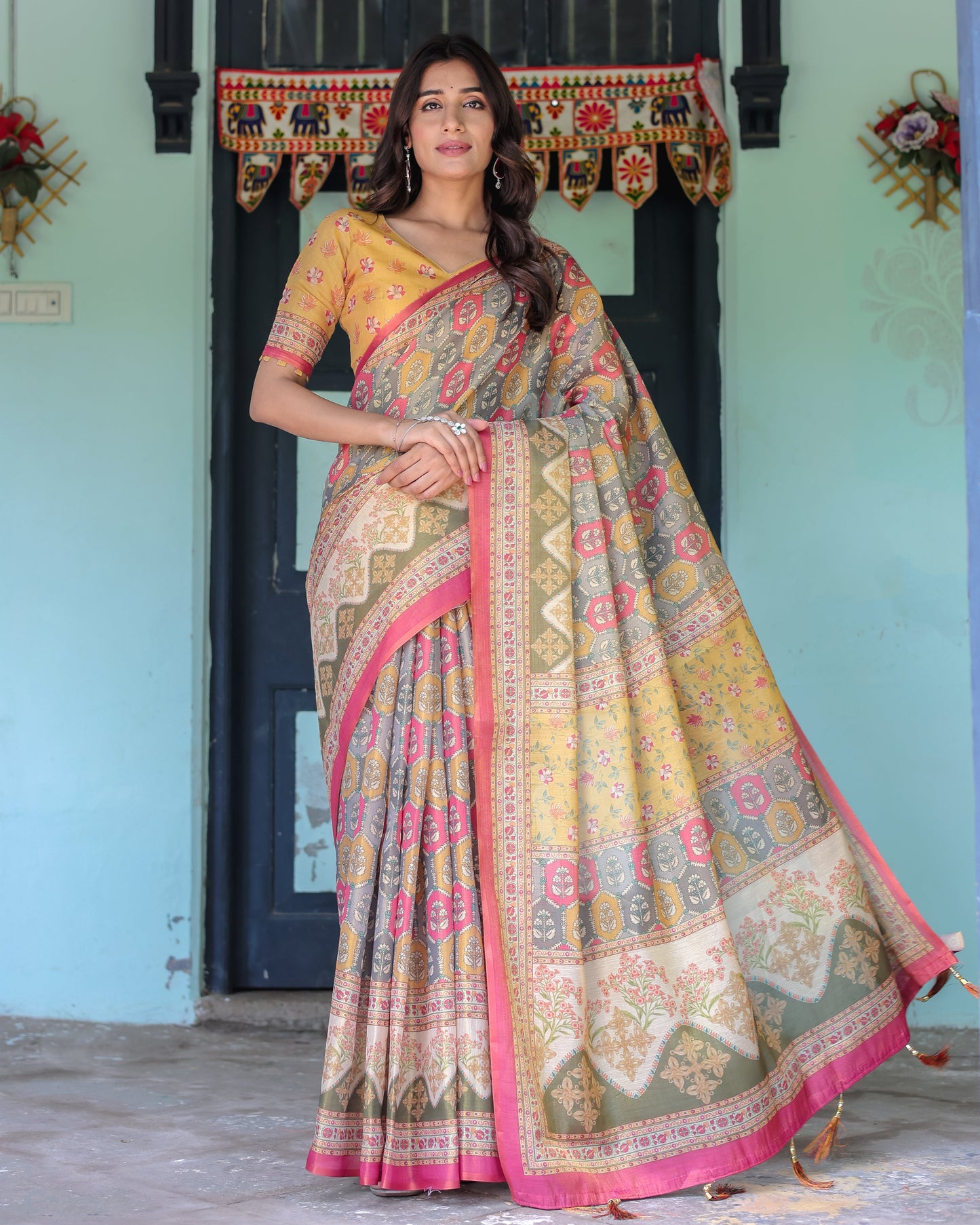 Multicolor Buti & Floral Panel Handloom Cotton Saree with Pink-Green Pallu Art