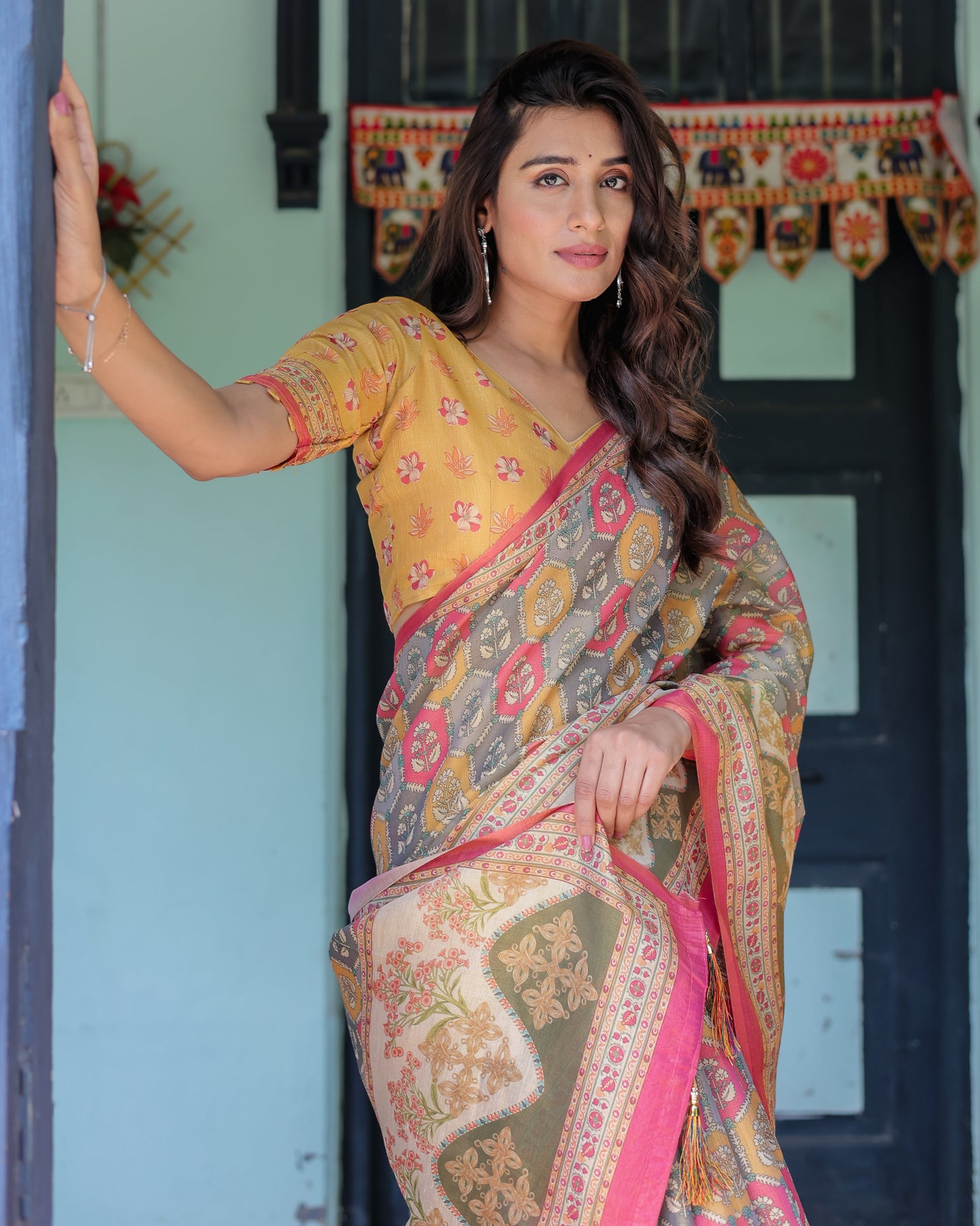 Multicolor Buti & Floral Panel Handloom Cotton Saree with Pink-Green Pallu Art