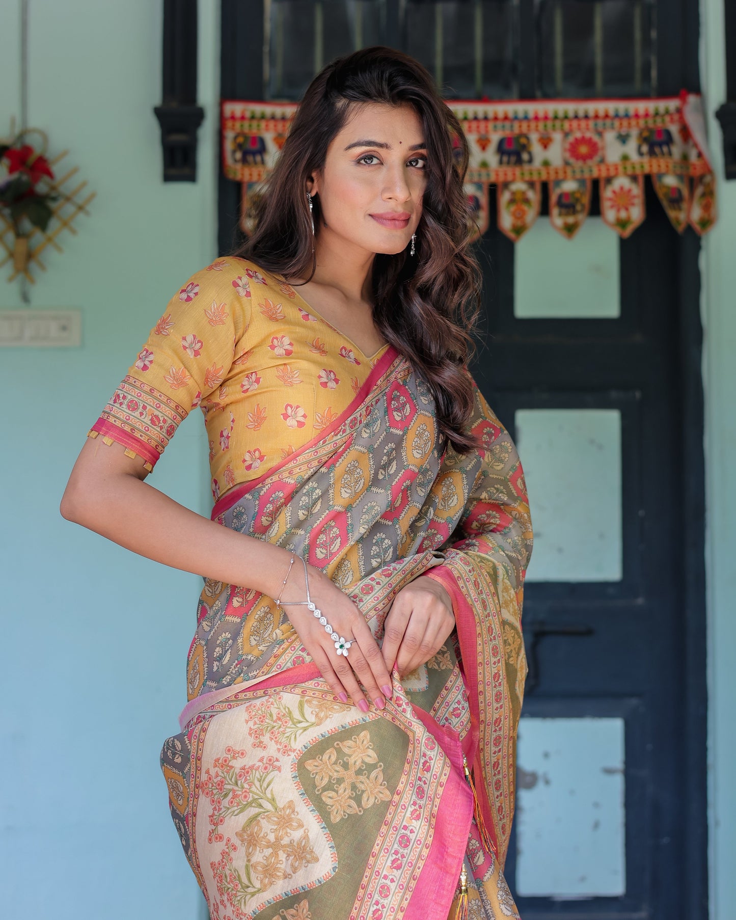 Multicolor Buti & Floral Panel Handloom Cotton Saree with Pink-Green Pallu Art