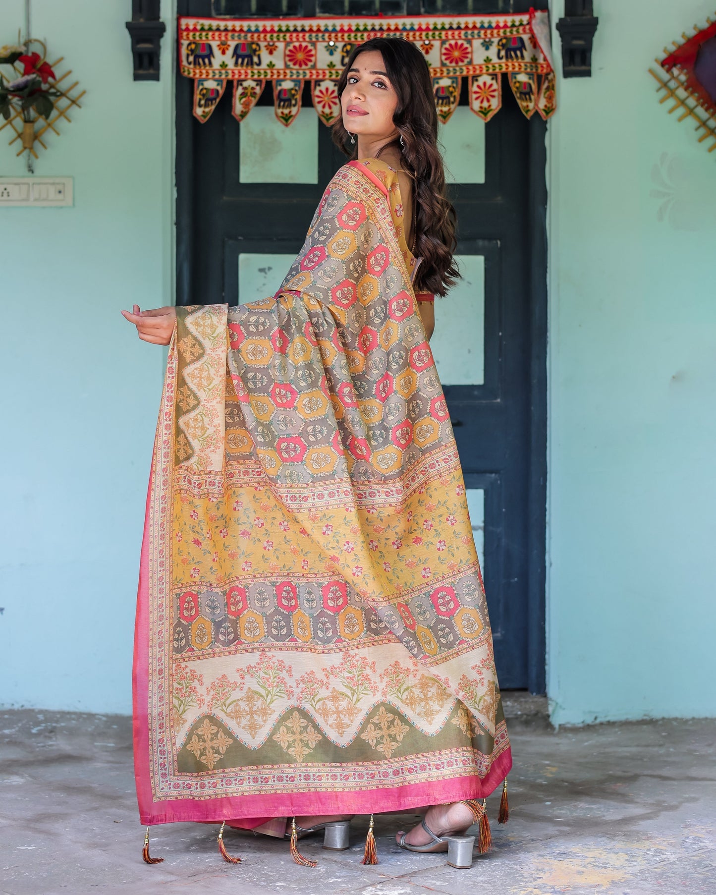 Multicolor Buti & Floral Panel Handloom Cotton Saree with Pink-Green Pallu Art