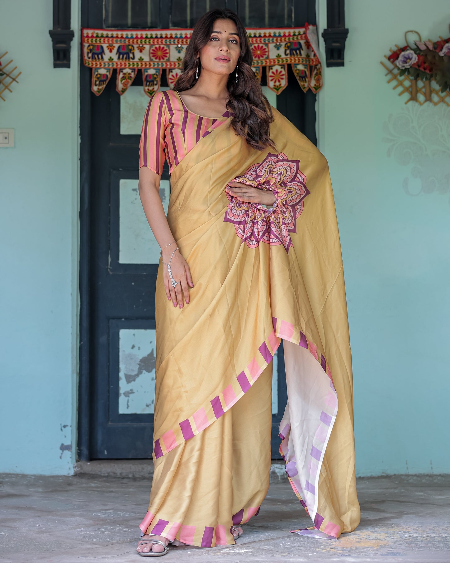 Golden Beige Freehand Designer Saree with Pink Mandala Motif & Striped Blouse | Satin Georgette | Handsfree Pallu