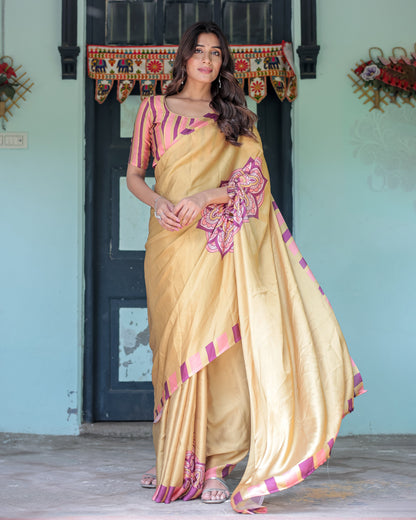 Golden Beige Freehand Designer Saree with Pink Mandala Motif & Striped Blouse | Satin Georgette | Handsfree Pallu