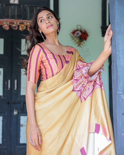 Golden Beige Freehand Designer Saree with Pink Mandala Motif & Striped Blouse | Satin Georgette | Handsfree Pallu