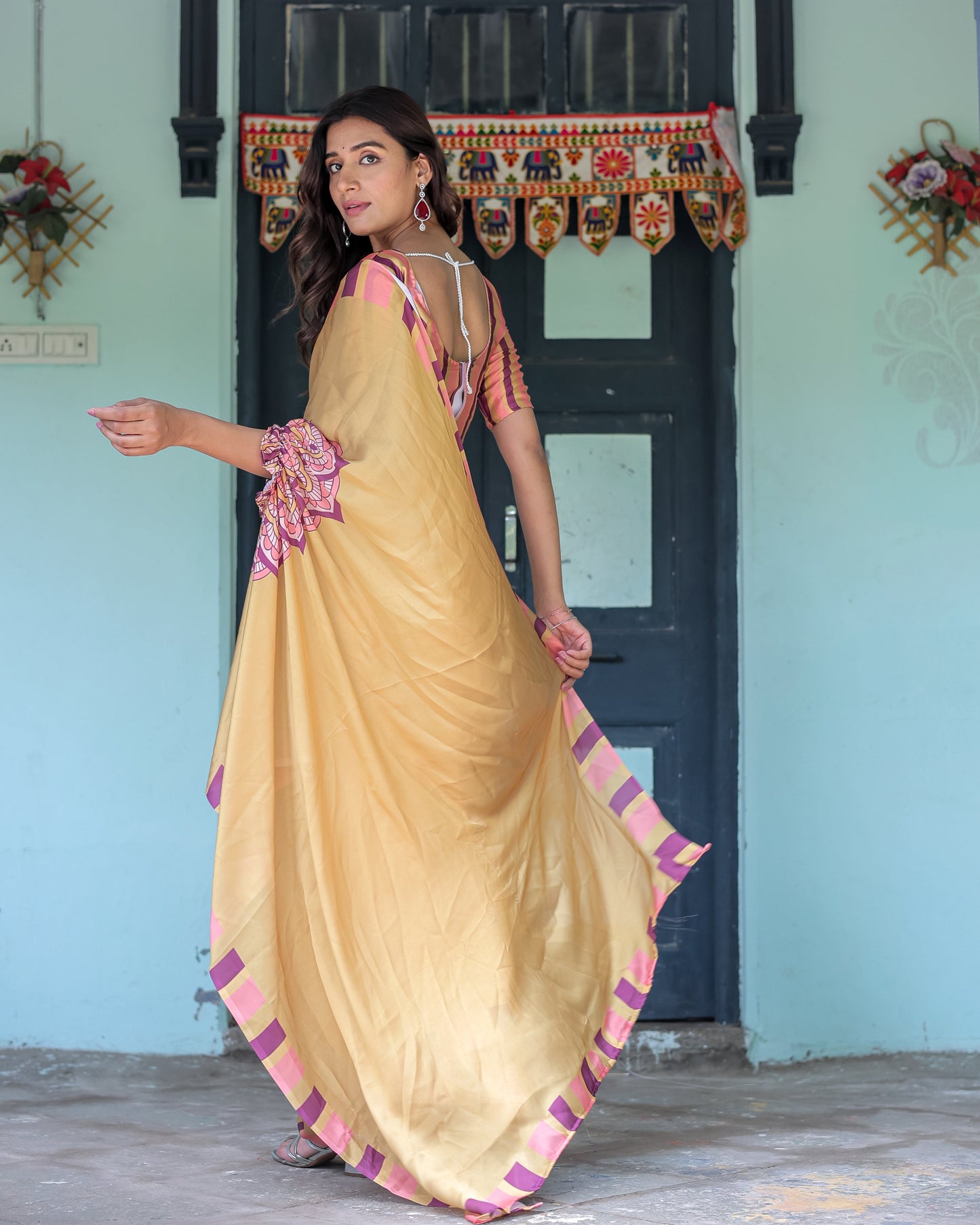 Golden Beige Freehand Designer Saree with Pink Mandala Motif & Striped Blouse | Satin Georgette | Handsfree Pallu